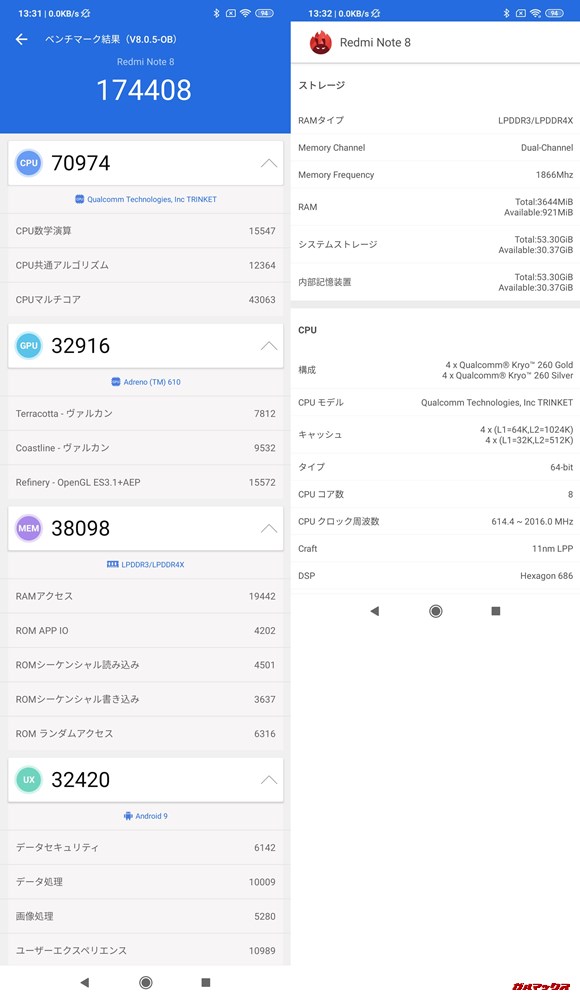 Redmi Note 8(Android 9)実機AnTuTuベンチマークスコアは総合が174408点、3D性能が32916点。