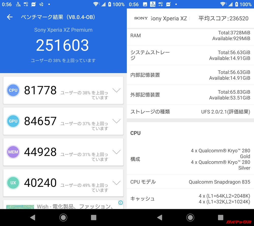 Xperia XZ Premium(Android 9)実機AnTuTuベンチマークスコアは総合が251603点、3D性能が84657点。