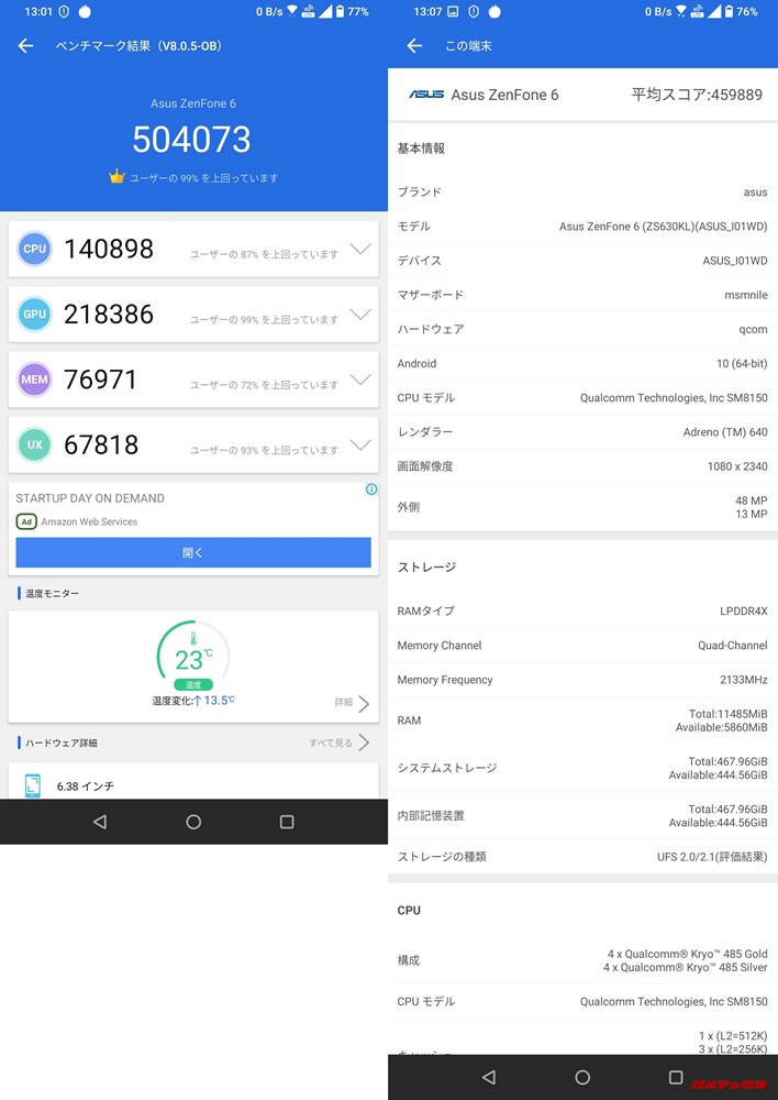 Zenfone6/メモリ12GB版(Android 9)実機AnTuTuベンチマークスコアは総合が504073点、3D性能が218386点。