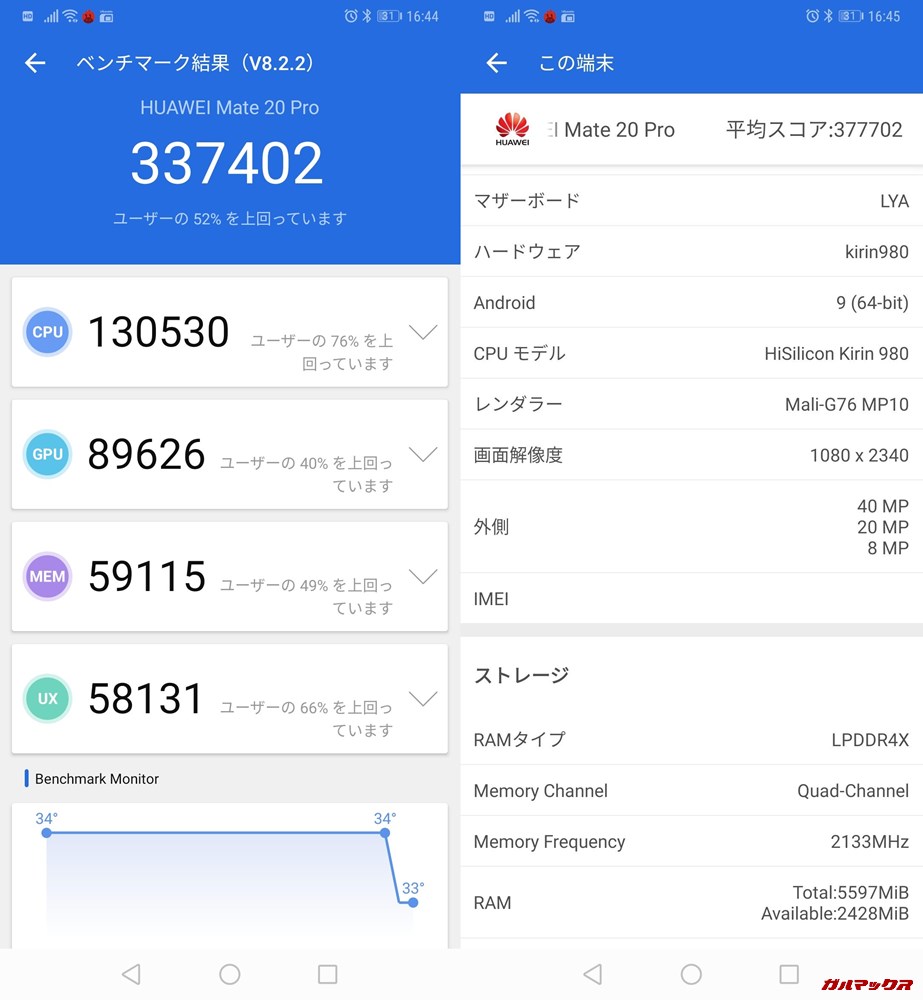 HUAWEI Mate 20 Pro(Android 9)実機AnTuTuベンチマークスコアは総合が337402点、3D性能が89626点。