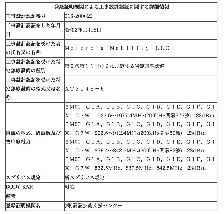 Moto G8の技適認証
