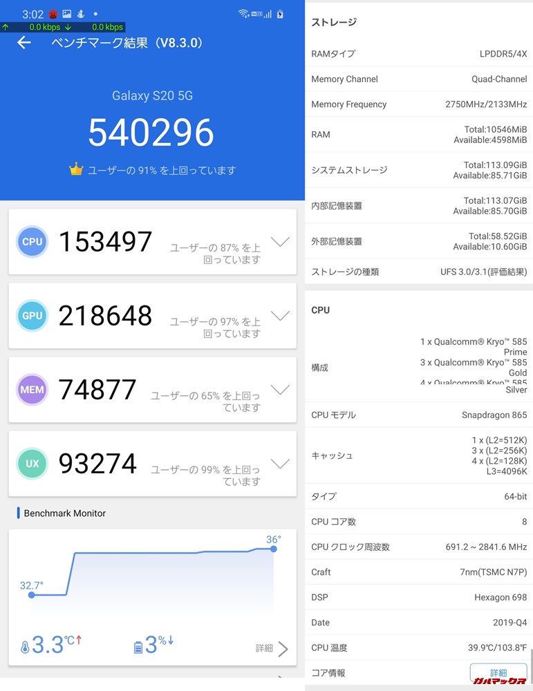 GALAXY S20 5G（Android 10）実機AnTuTuベンチマークスコアは総合が540296点、3D性能が218648点。