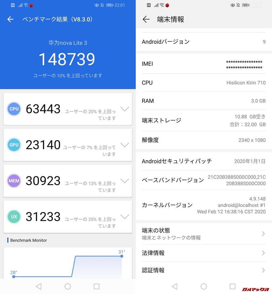 HUAWEI nova lite 3（Android 9）実機AnTuTuベンチマークスコアは総合が148739点、3D性能が23140点。