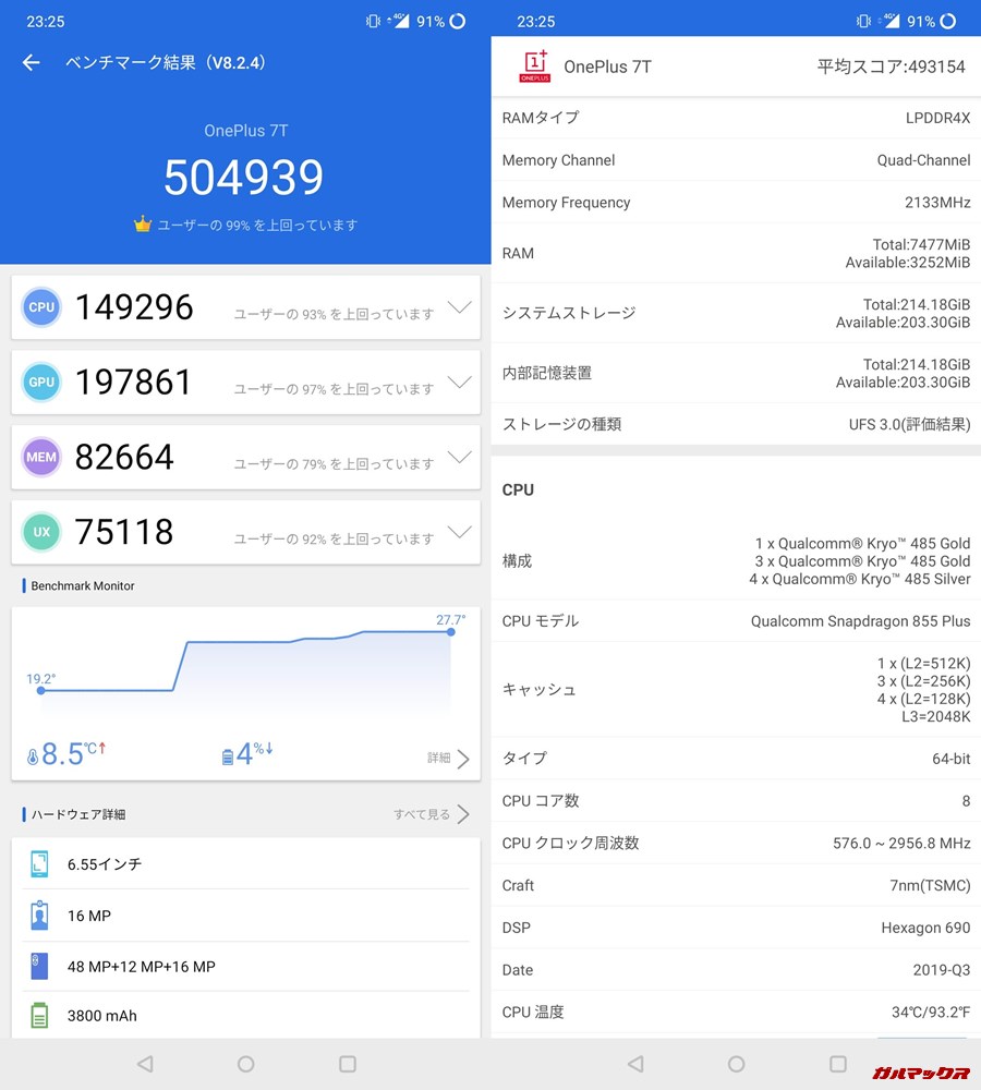 one plus7t(Android 10)実機AnTuTuベンチマークスコアは総合が504939点、3D性能が197861点。