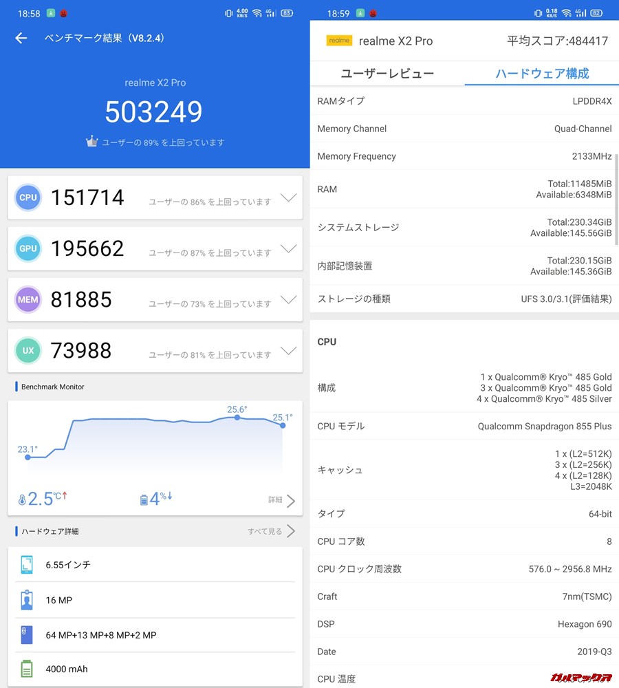 Realme X2 Pro(Android 10)実機AnTuTuベンチマークスコアは総合が503249点、3D性能が195662点。