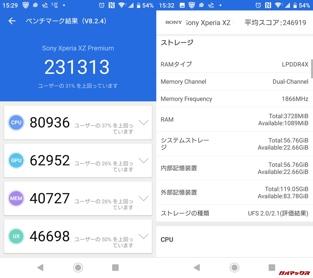 Xperia XZ Premium(Android 9)実機AnTuTuベンチマークスコアは総合が231313点、3D性能が62952点。