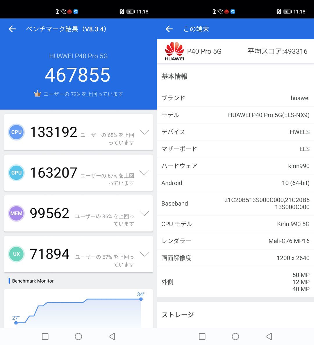 HUAWEI P40 Pro(Android 10)実機AnTuTuベンチマークスコアは総合が467855点、GPU性能が163207点。