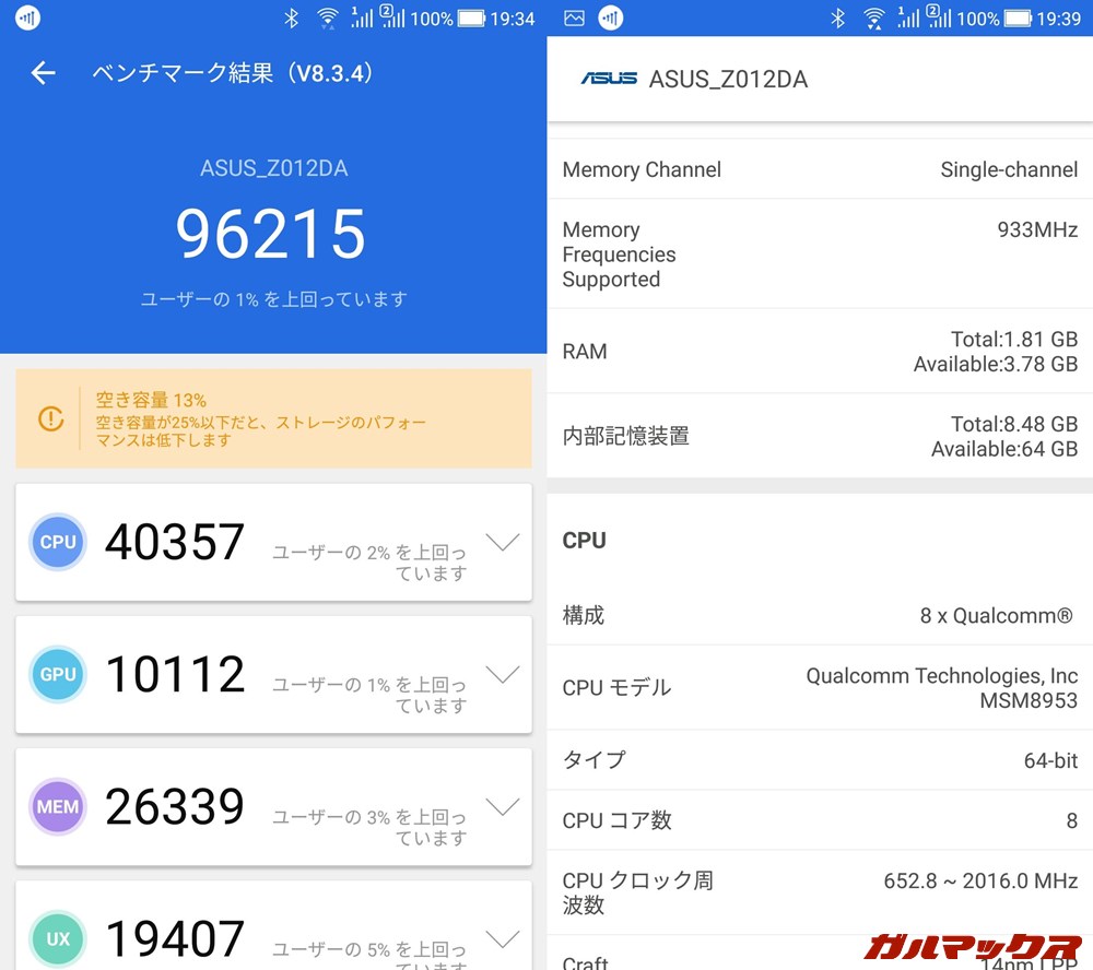 ASUS ZenFone 3/ZE552KL(Android 8.0)実機AnTuTuベンチマークスコアは総合が96215点、GPU性能が10112点。