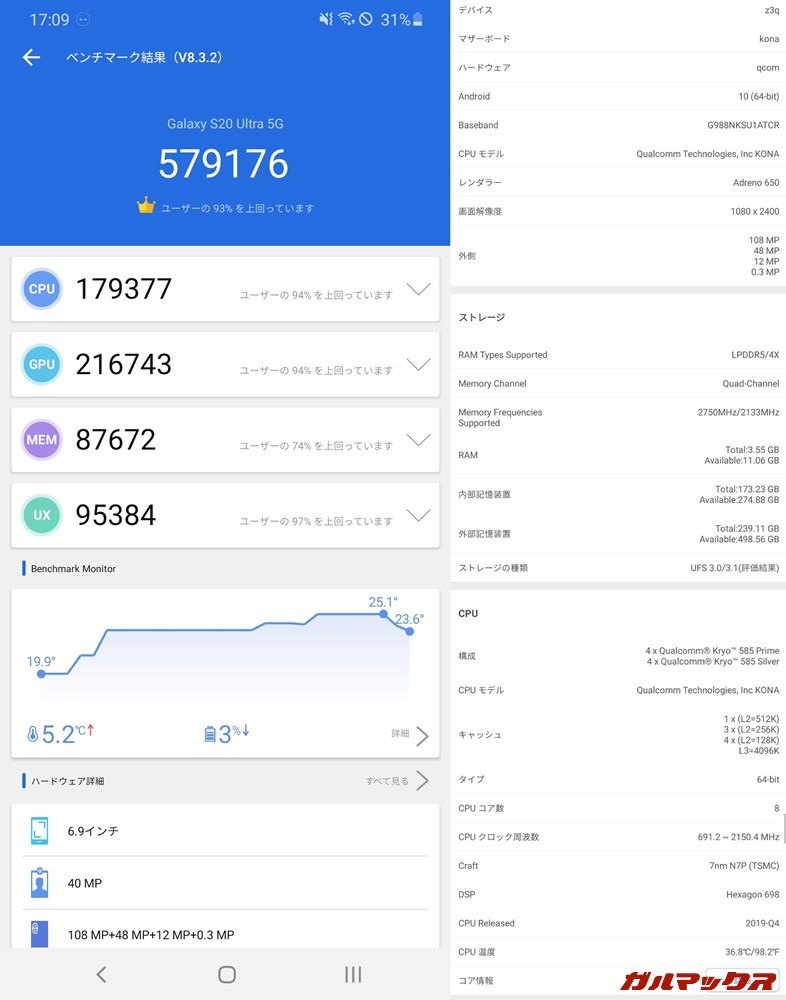 Galaxy S20 Ultra 5G(Android 10)実機AnTuTuベンチマークスコアは総合が579176点、GPU性能が216743点。