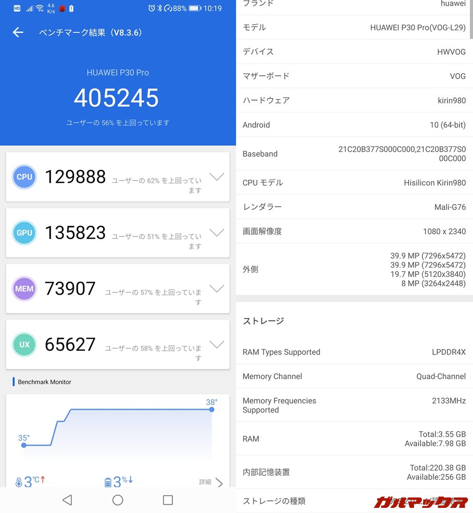 HUAWEI P30 Pro(Android 10)実機AnTuTuベンチマークスコアは総合が405245点、GPU性能が135823点。