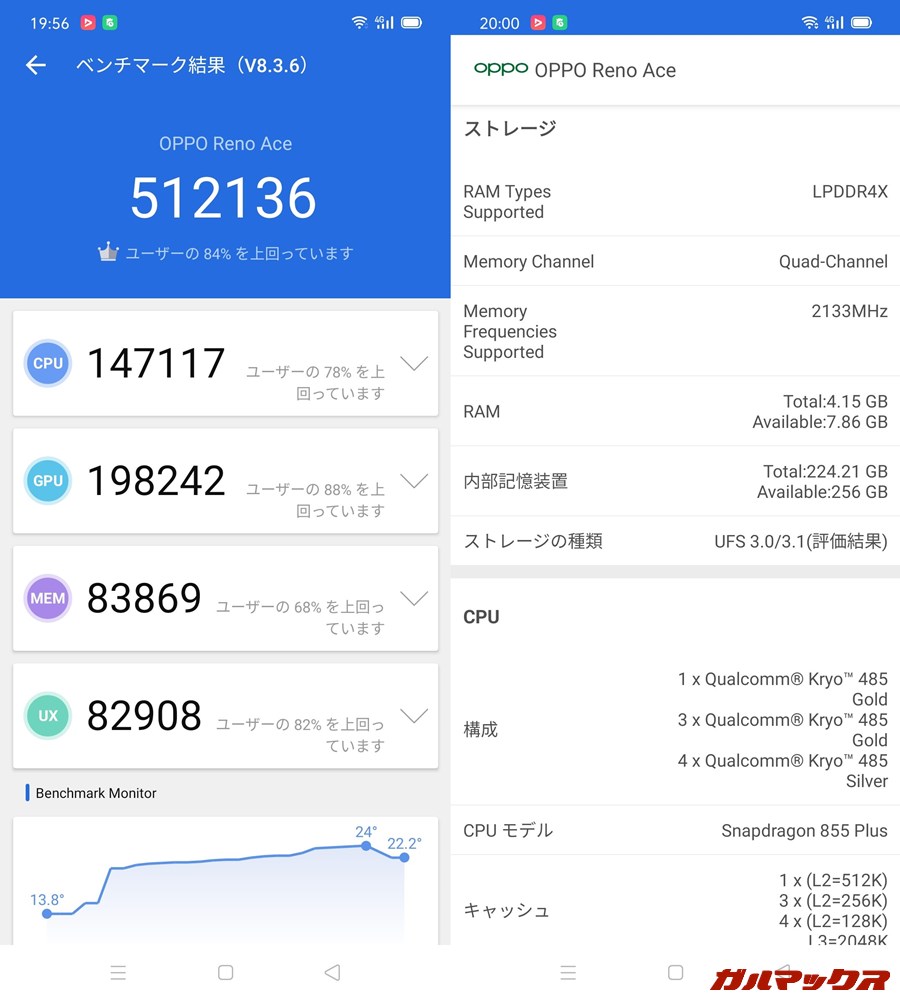 OPPO Reno Ace/メモリ8GB（Android 10）実機AnTuTuベンチマークスコアは総合が512136点、GPU性能が198242点。