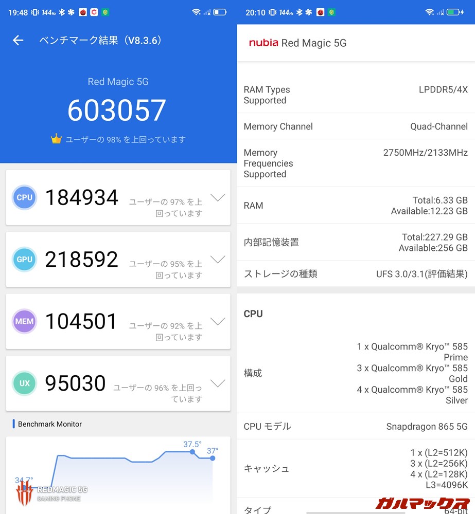 Nubia RedMagic 5G/メモリ12GB（Android 10）実機AnTuTuベンチマークスコアは総合が603057点、GPU性能が218592点。