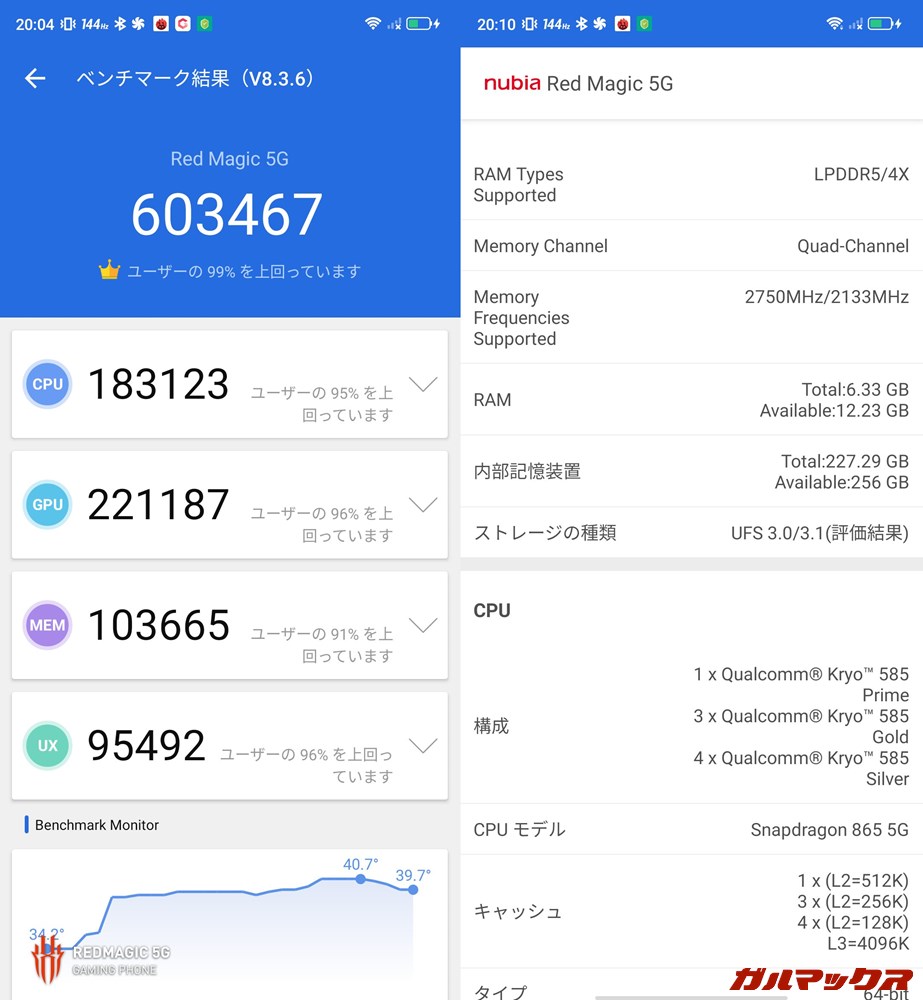 Nubia RedMagic 5G/メモリ12GB（Android 10）実機AnTuTuベンチマークスコアは総合が603467点、GPU性能が221187点。