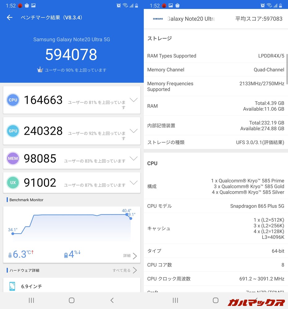 Galaxy Note 20 Ultra(Android 10)実機AnTuTuベンチマークスコアは総合が594078点、GPU性能が240328点。