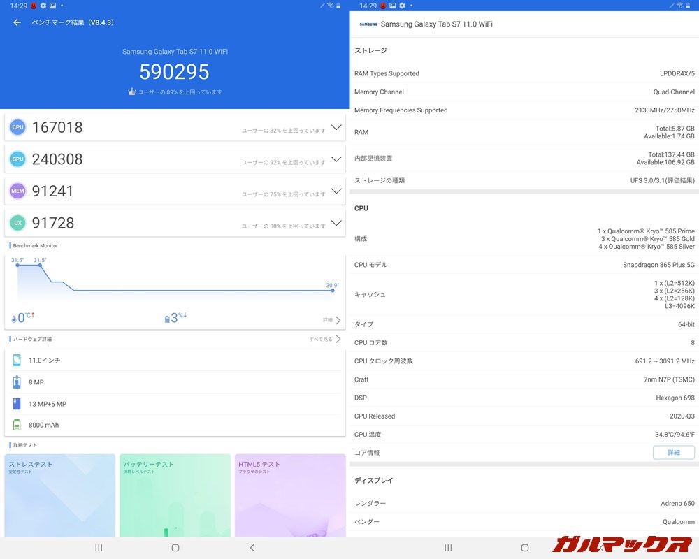 Galaxy Tab S7(Android 10)実機AnTuTuベンチマークスコアは総合が590295点、GPU性能が240308点。