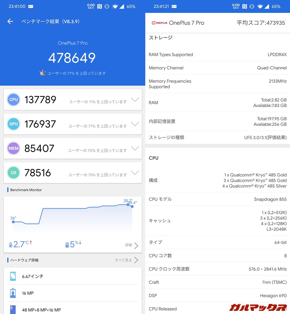 OnePlus 7 Pro/メモリ8GB(Android 10)実機AnTuTuベンチマークスコアは総合が478649点、GPU性能が176937点。