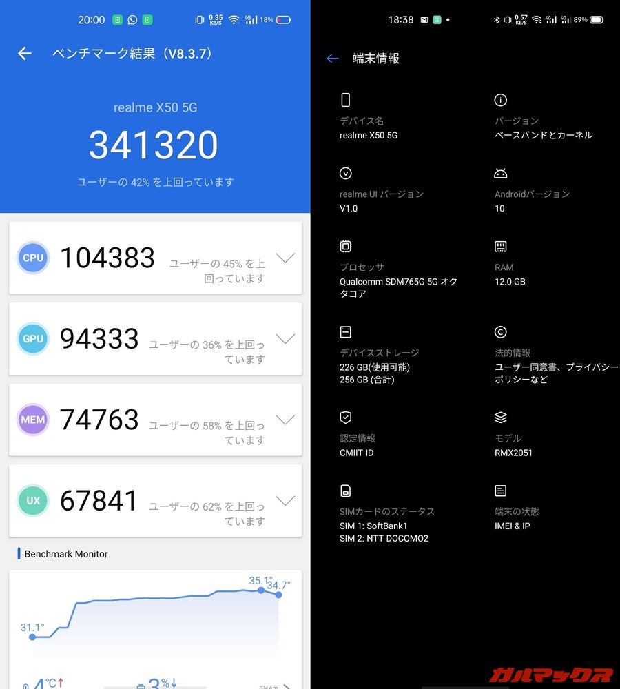 Realme X50 5G/メモリ12GB（Android 10）実機AnTuTuベンチマークスコアは総合が341320点、GPU性能が94333点。
