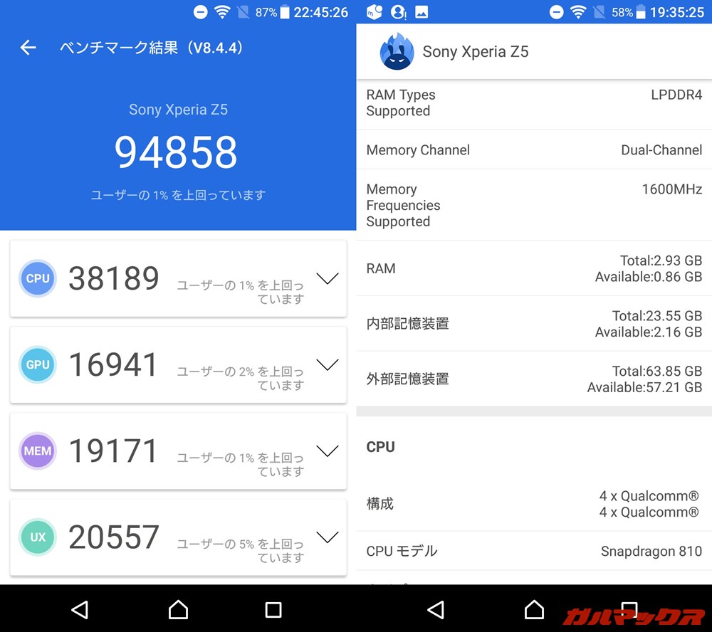 Xperia Z5（Android 7.0）実機AnTuTuベンチマークスコアは総合が94858点、GPU性能が16941点。