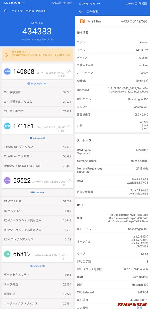 Xiaomi Mi 9T Pro/メモリ6GB(Android 10)実機AnTuTuベンチマークスコアは総合が434383点、GPU性能が171181点。
