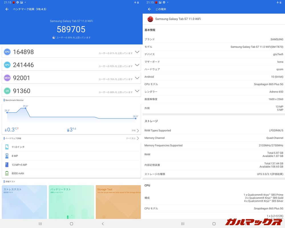 Galaxy Tab S7/メモリ6GB（Android 10）実機AnTuTuベンチマークスコアは総合が589705点、GPU性能が241446点。