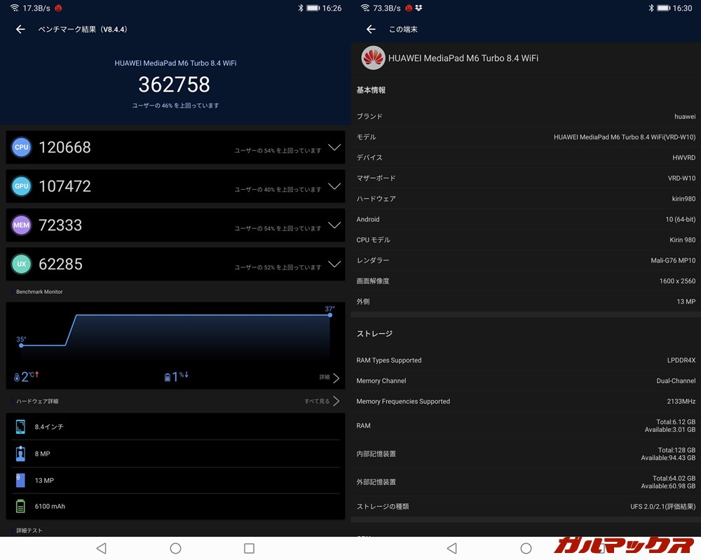 HUAWEI MediaPad M6 Turbo（Android 10）実機AnTuTuベンチマークスコアは総合が362758点、GPU性能が107472点。