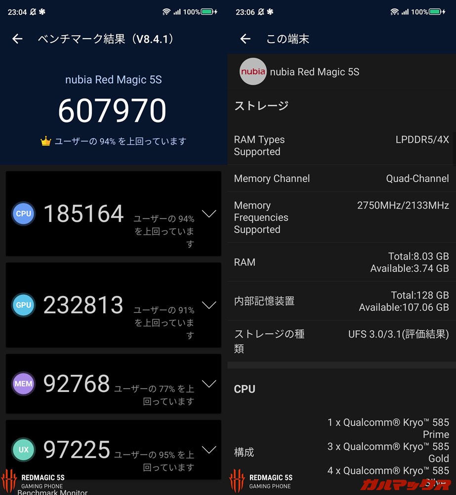 Nubia RedMagic 5S/メモリ8GB(Android 10)実機AnTuTuベンチマークスコアは総合が607970点、GPU性能が232813点。