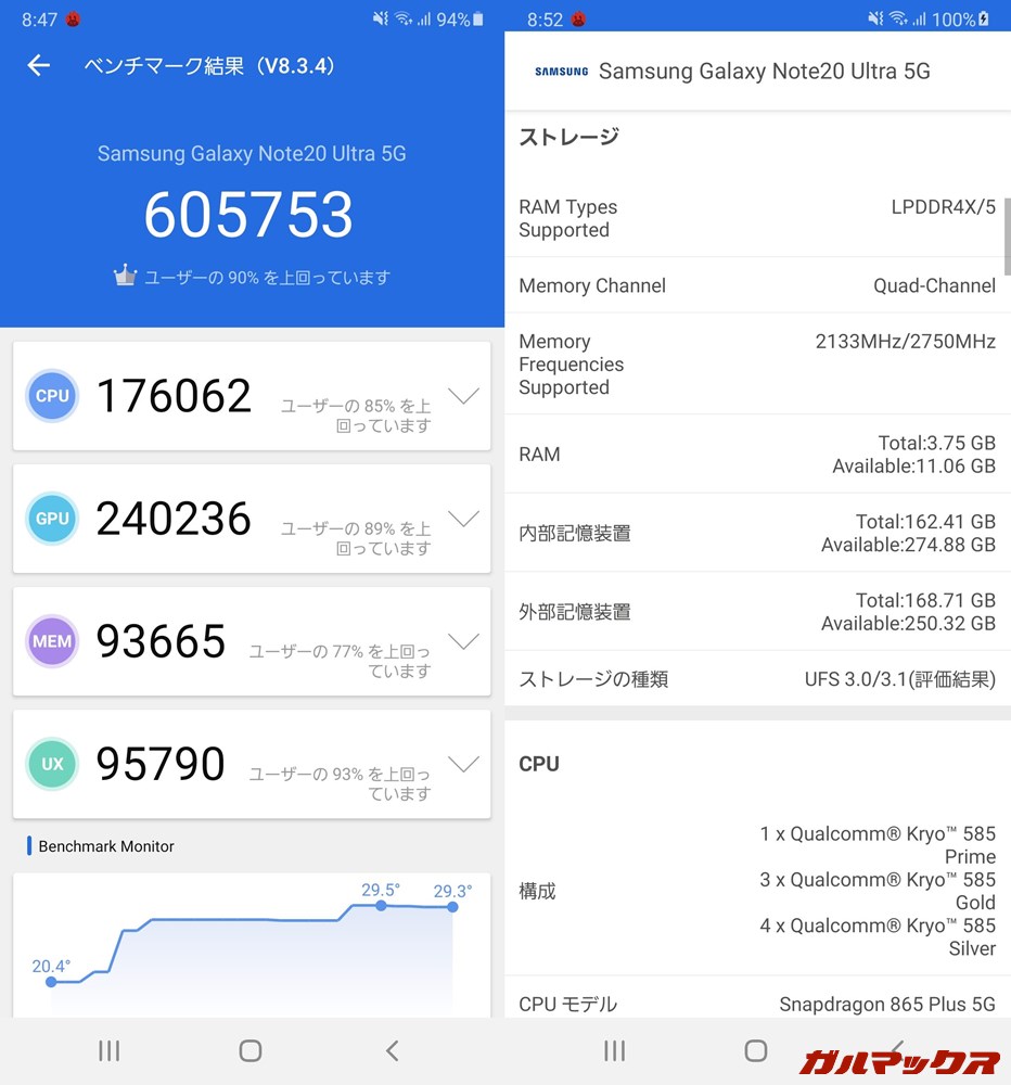 Galaxy Note 20 Ultra/メモリ12GB(Android 10)実機AnTuTuベンチマークスコアは総合が605753点、GPU性能が240236点。