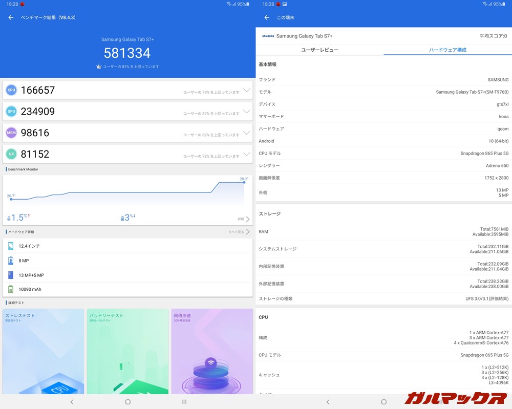 Galaxy Tab S7+（Android 10）実機AnTuTuベンチマークスコアは総合が581334点、GPU性能が234909点。