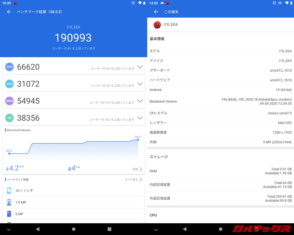 BMAX MaxPad I10（Android 10）実機AnTuTuベンチマークスコアは総合が190993点、GPU性能が31072点。