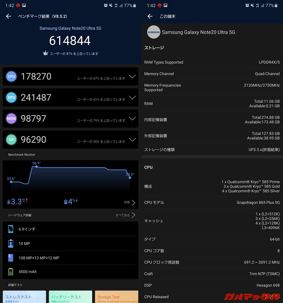 Galaxy Note 20 Ultra(Android 10)実機AnTuTuベンチマークスコアは総合が614844点、GPU性能が241487点。