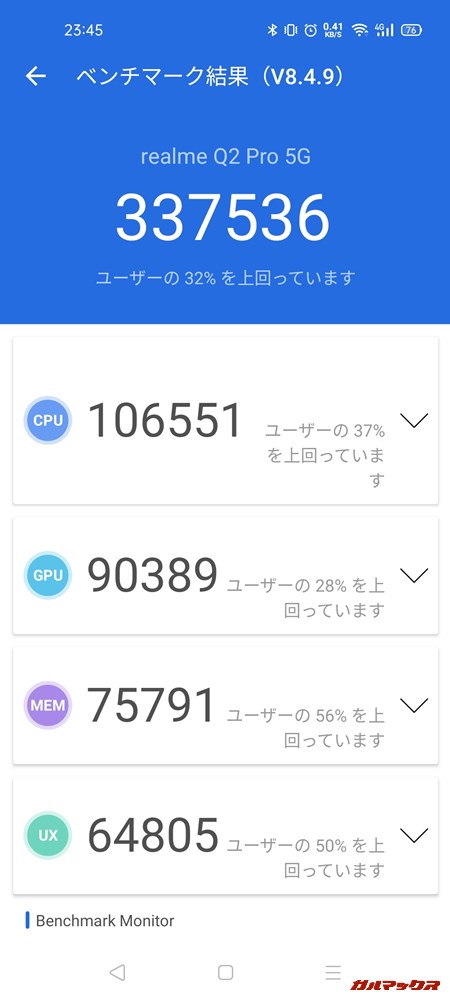 Realme Q2 Pro 5G(Android 10)実機AnTuTuベンチマークスコアは総合が337536点、GPU性能が90389点。