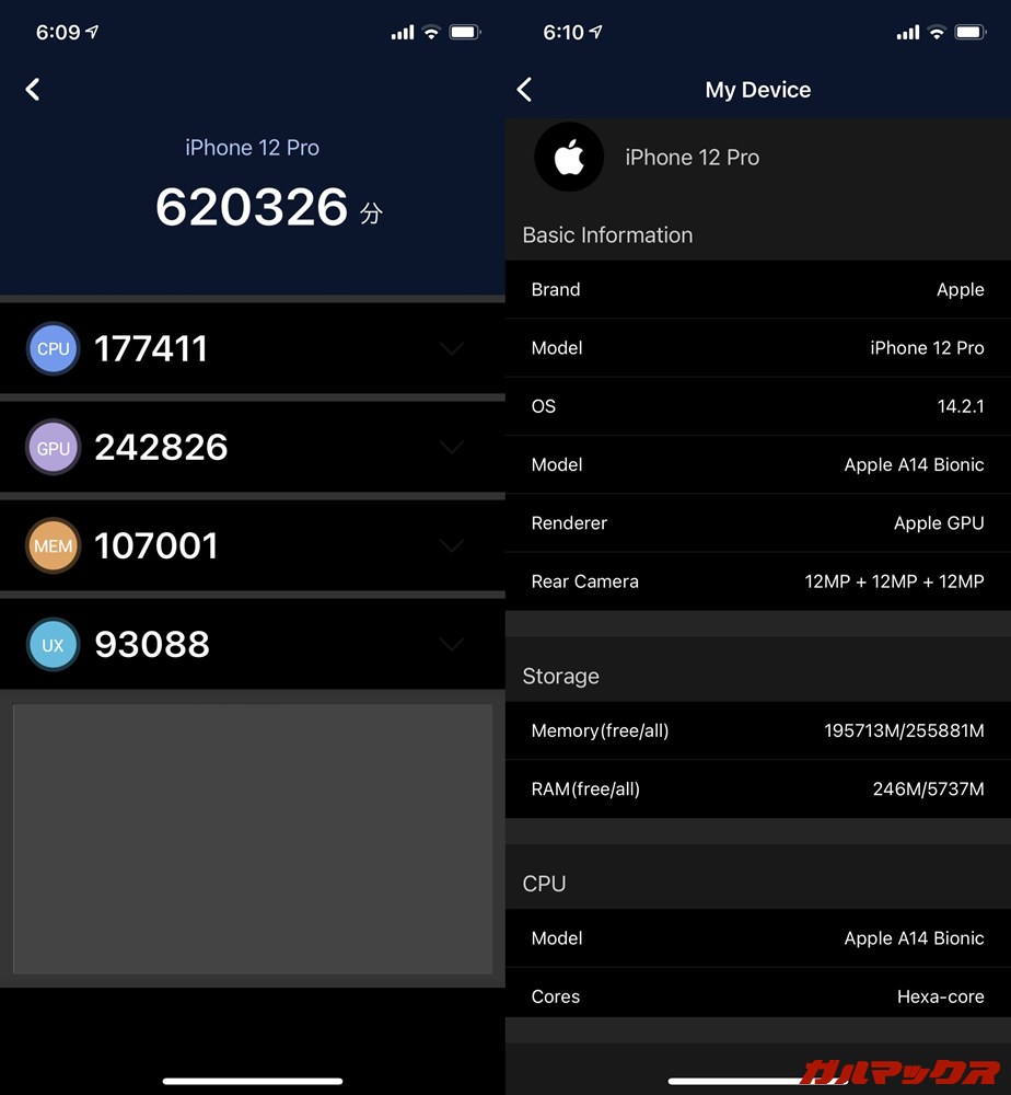 iPhone 12 Pro（iOS 14.2.1）実機AnTuTuベンチマークスコアは総合が620326点、GPU性能が242826点。