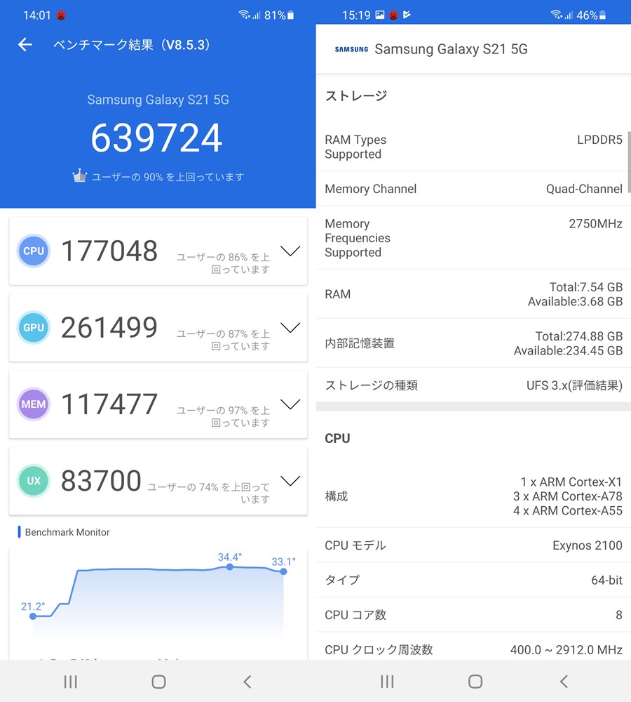 Galaxy S21(Android 11)実機AnTuTuベンチマークスコアは総合が639724点、GPU性能が261499点。