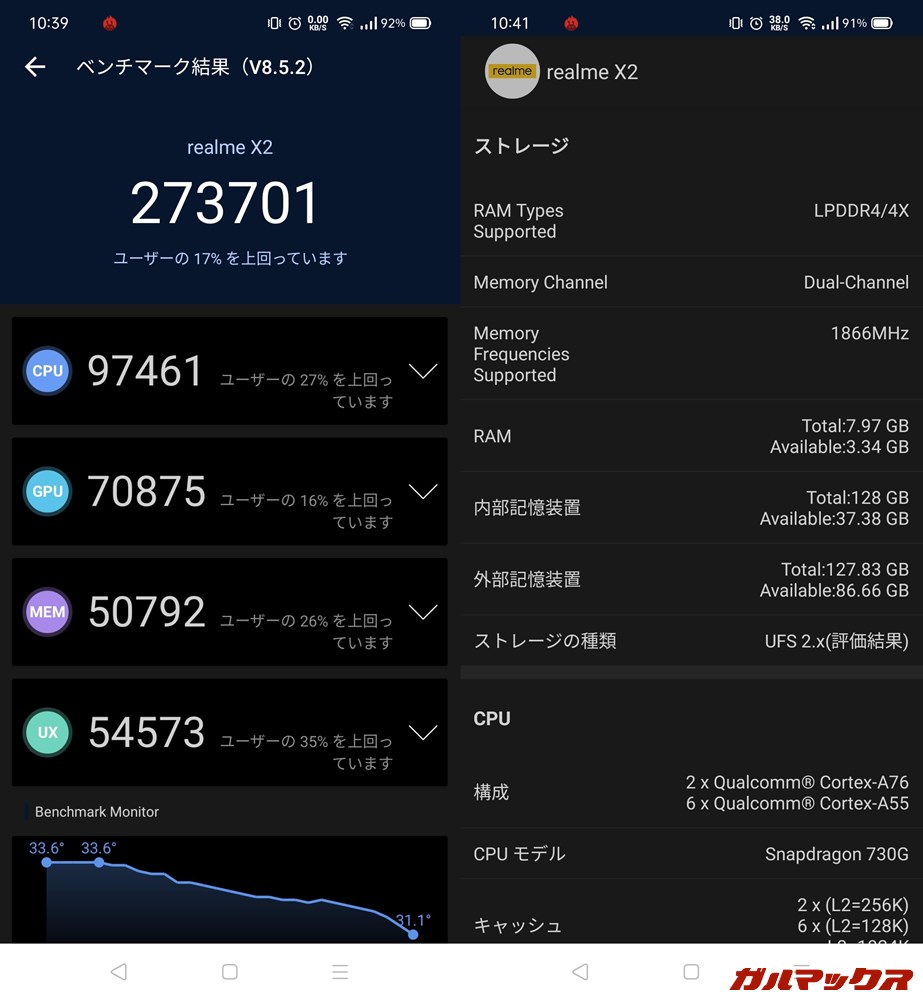Realme X2/メモリ8GB（Android 10）実機AnTuTuベンチマークスコアは総合が273701点、GPU性能が70875点。