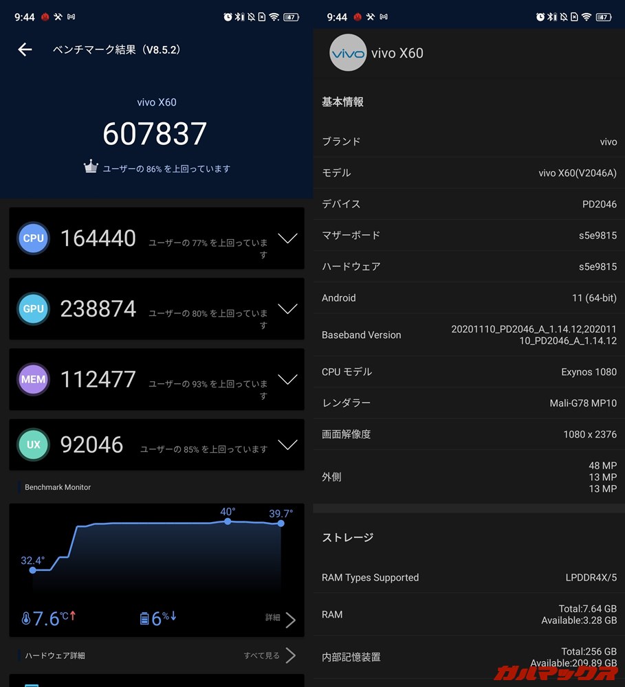 Vivo X60（Android 11）実機AnTuTuベンチマークスコアは総合が607837点、GPU性能が238874点。