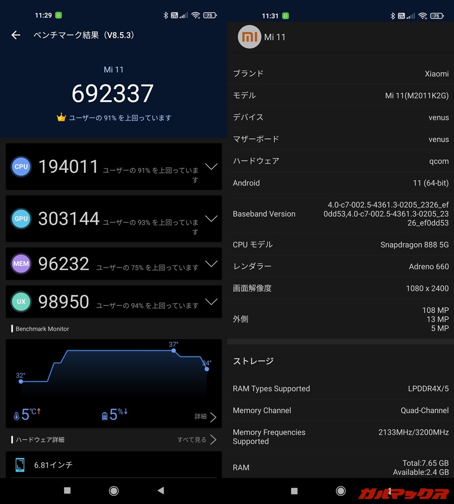 Xiaomi Mi 11/メモリ8GB(Android 11)実機AnTuTuベンチマークスコアは総合が692337点、GPU性能が303144点。