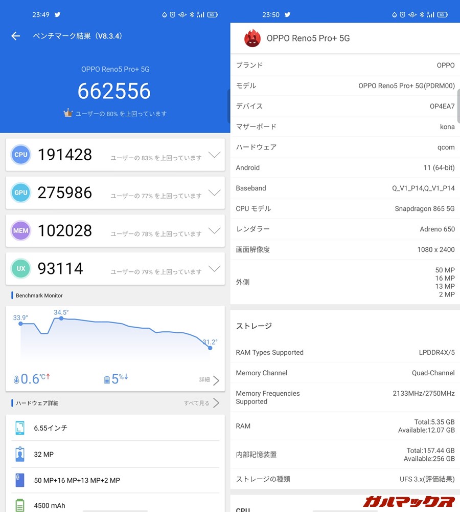 OPPO Reno5 Pro+/メモリ12GB(Android 11)実機AnTuTuベンチマークスコアは総合が662556点、GPU性能が275986点。