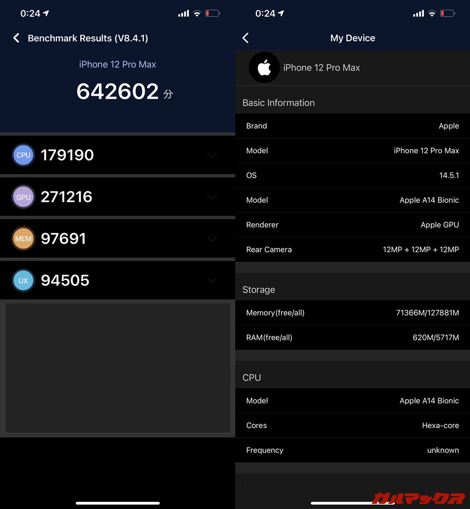 iPhone 12 Pro Max（iOS 14.5）実機AnTuTuベンチマークスコアは総合が642602点、GPU性能が271216点。