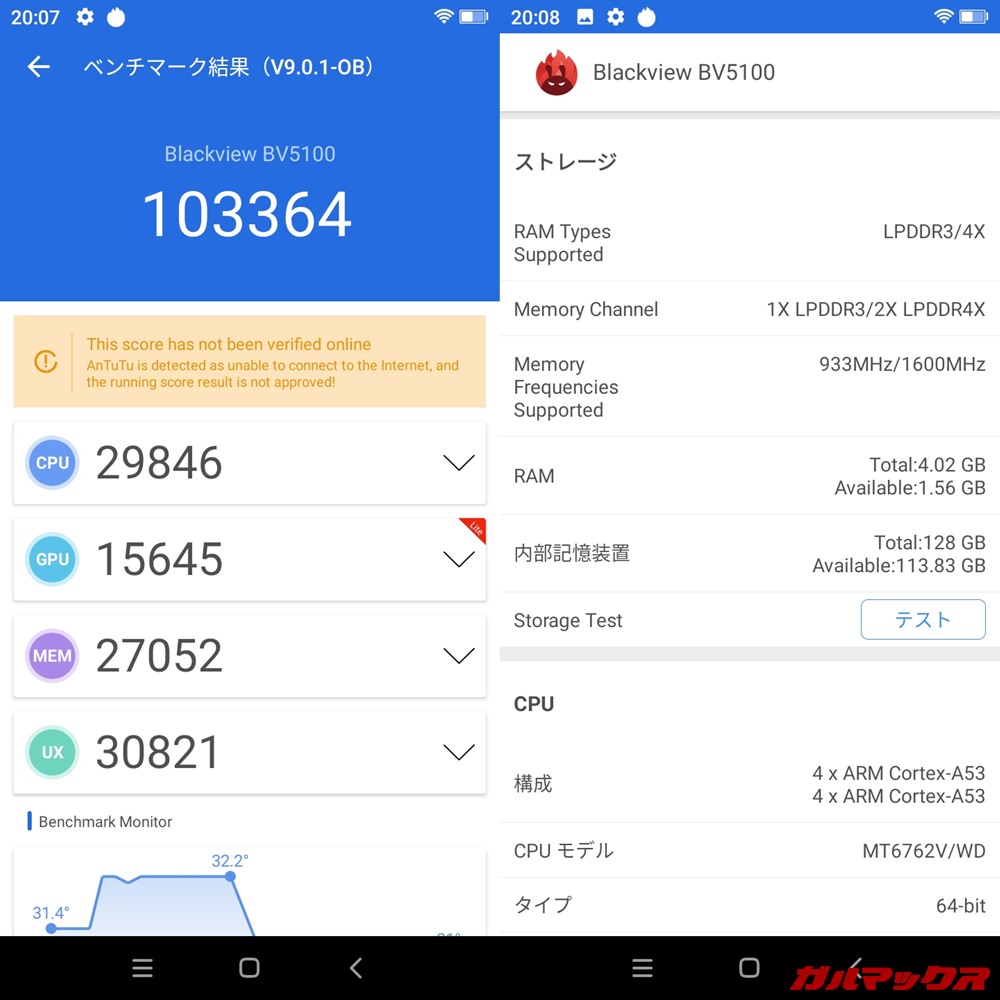 Blackview BV5100（Android 10）実機AnTuTuベンチマークスコアは総合が103364点、GPU性能が15645点。