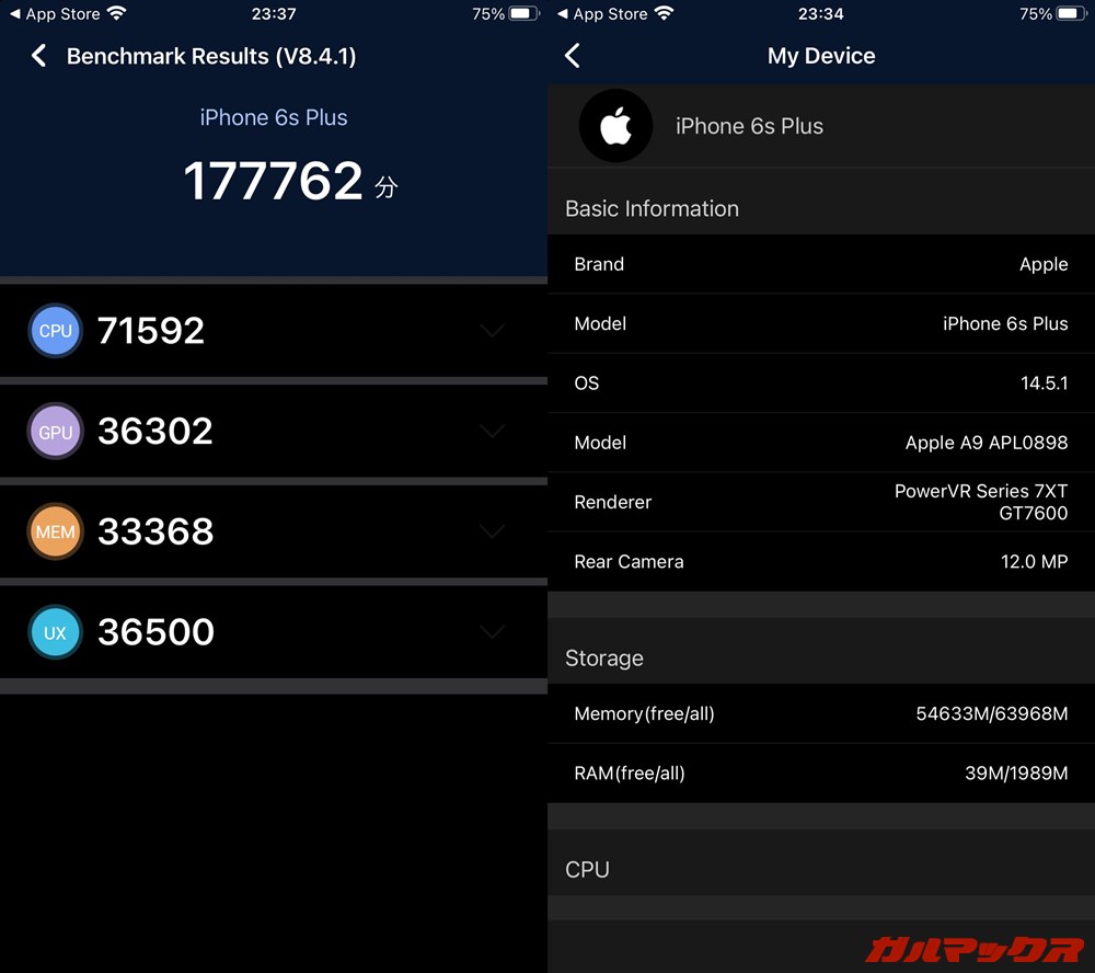 iPhone 6s Plus（iOS 14.5.1）実機AnTuTuベンチマークスコアは総合が177762点、GPU性能が36302点。
