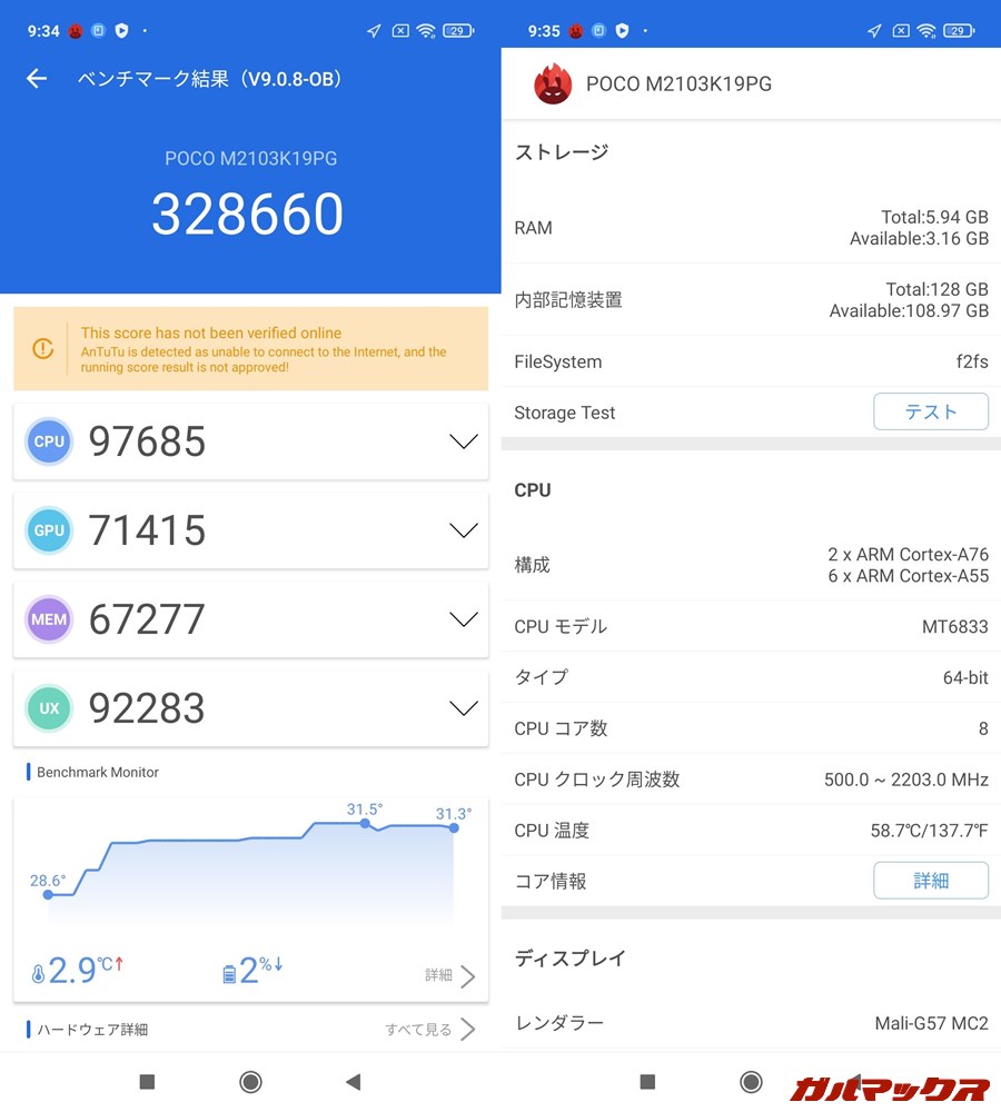 POCO M3 Pro 5G/メモリ6GB（Android 11）実機AnTuTuベンチマークスコアは総合が328660点、GPU性能が71415点。