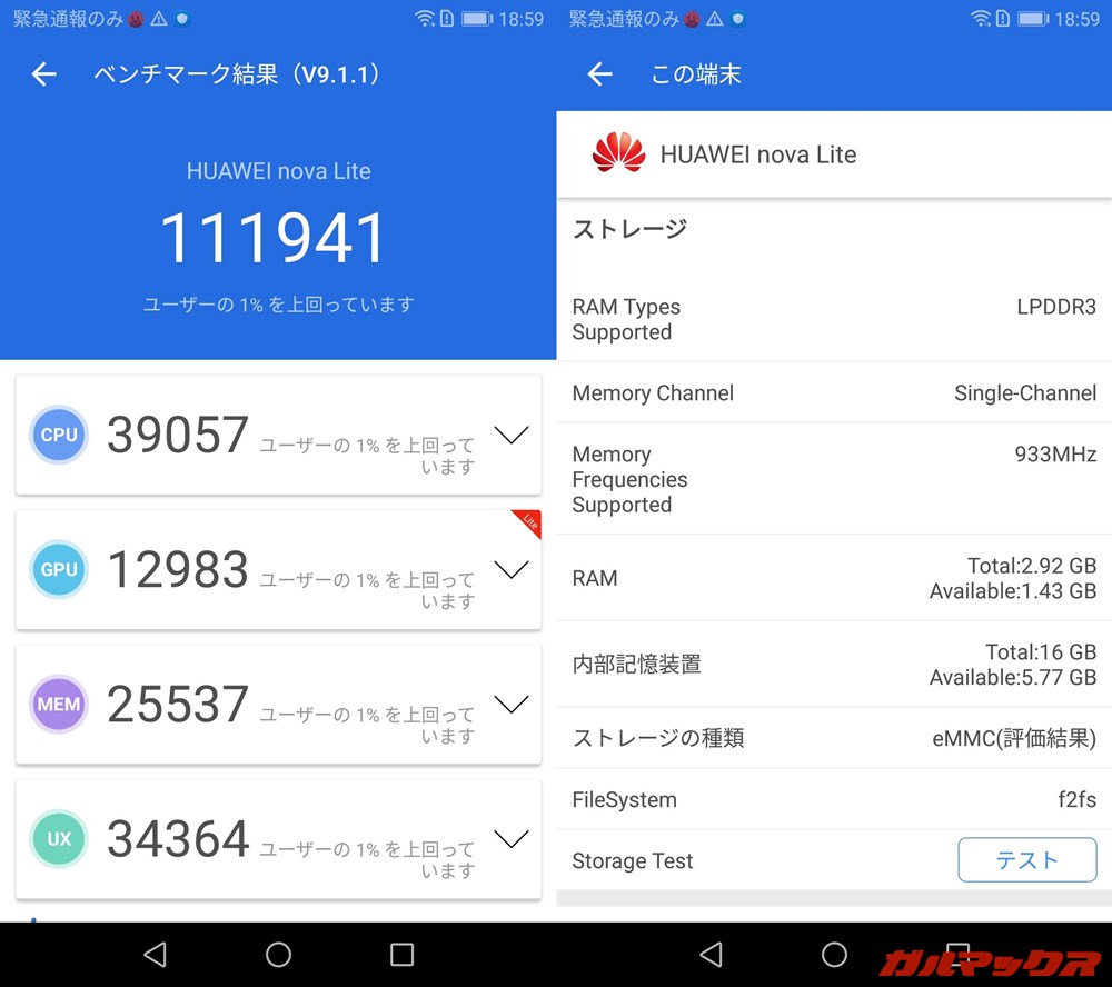 HUAWEI nova lite（Android 8.0.0）実機AnTuTuベンチマークスコアは総合が111941点、GPU性能が12983点。