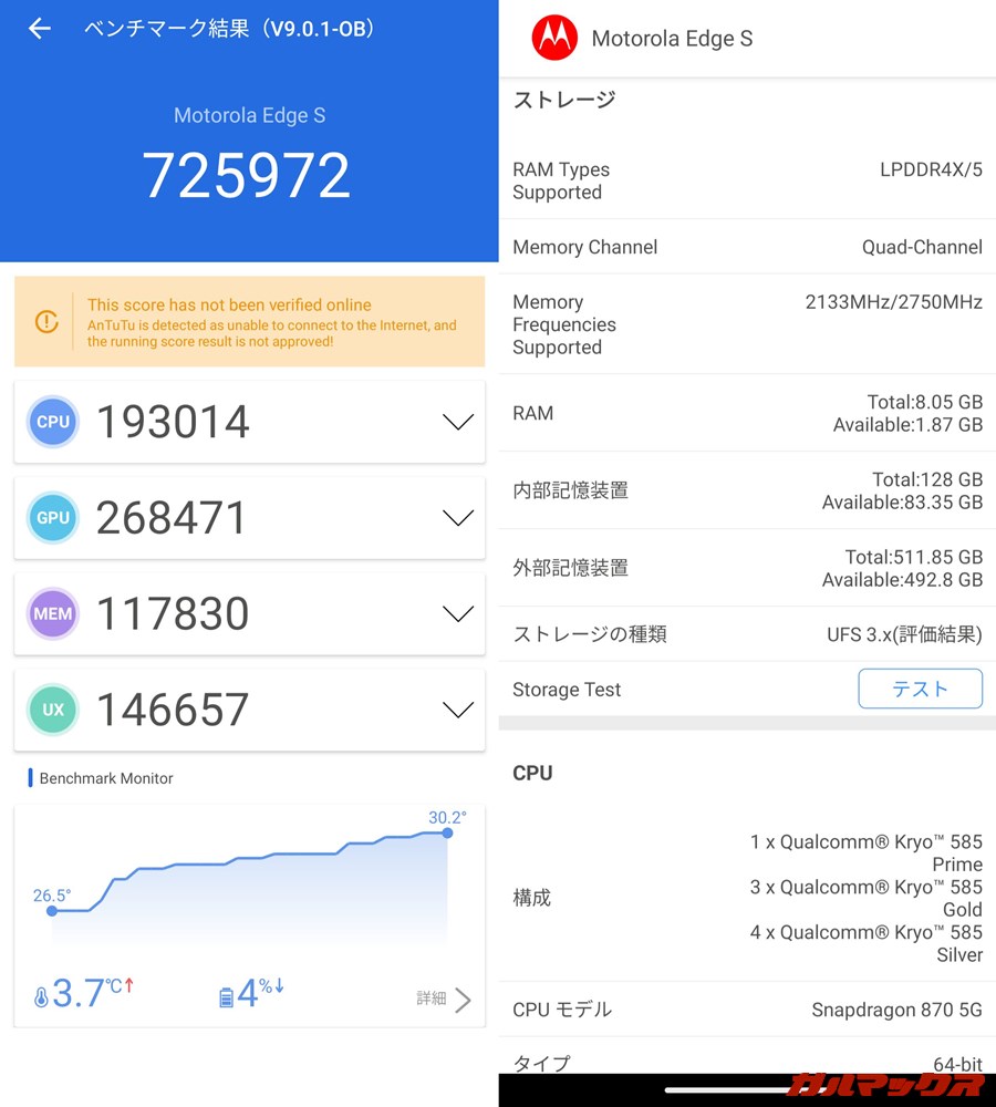 Motorola edge s/メモリ8GB（Android 11）実機AnTuTuベンチマークスコアは総合が725972点、GPU性能が268471点。