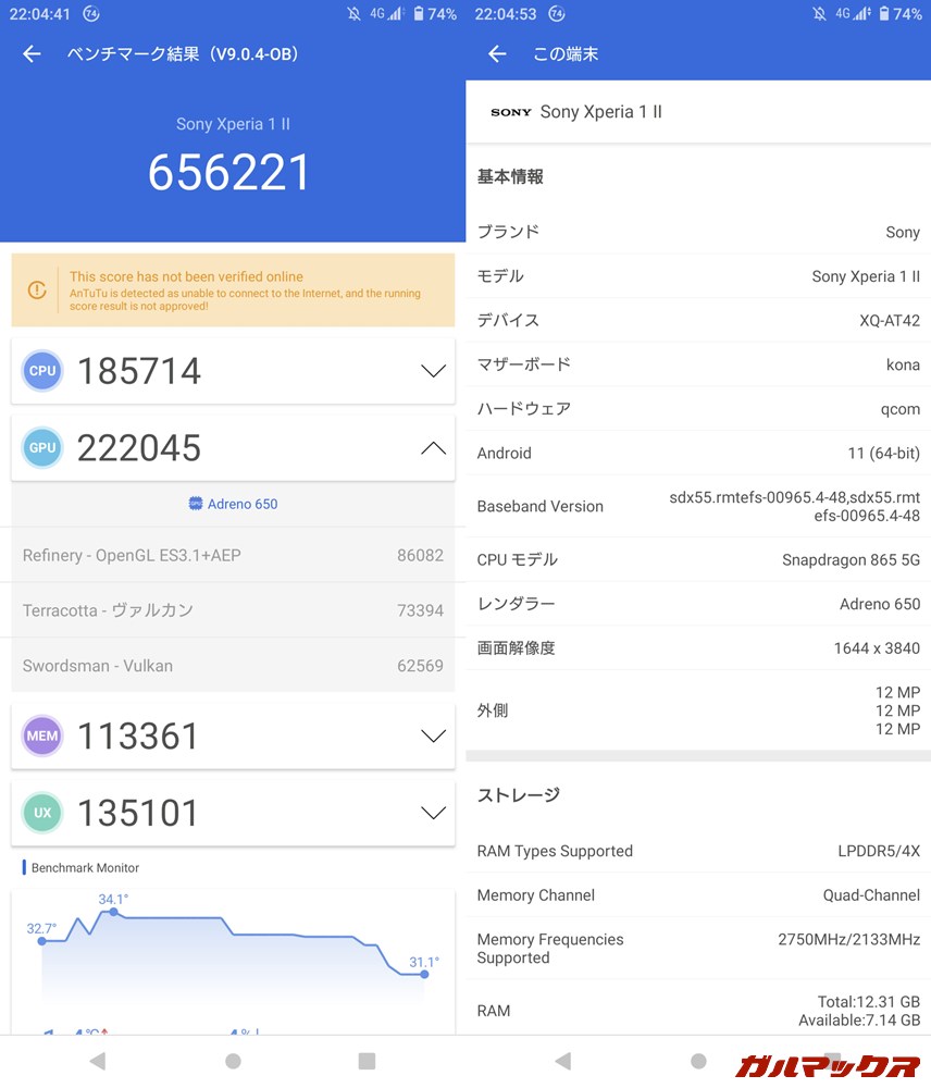 Xperia 1 Ⅱ/メモリ12GB（Android 10）実機AnTuTuベンチマークスコアは総合が656221点、GPU性能が222045点。