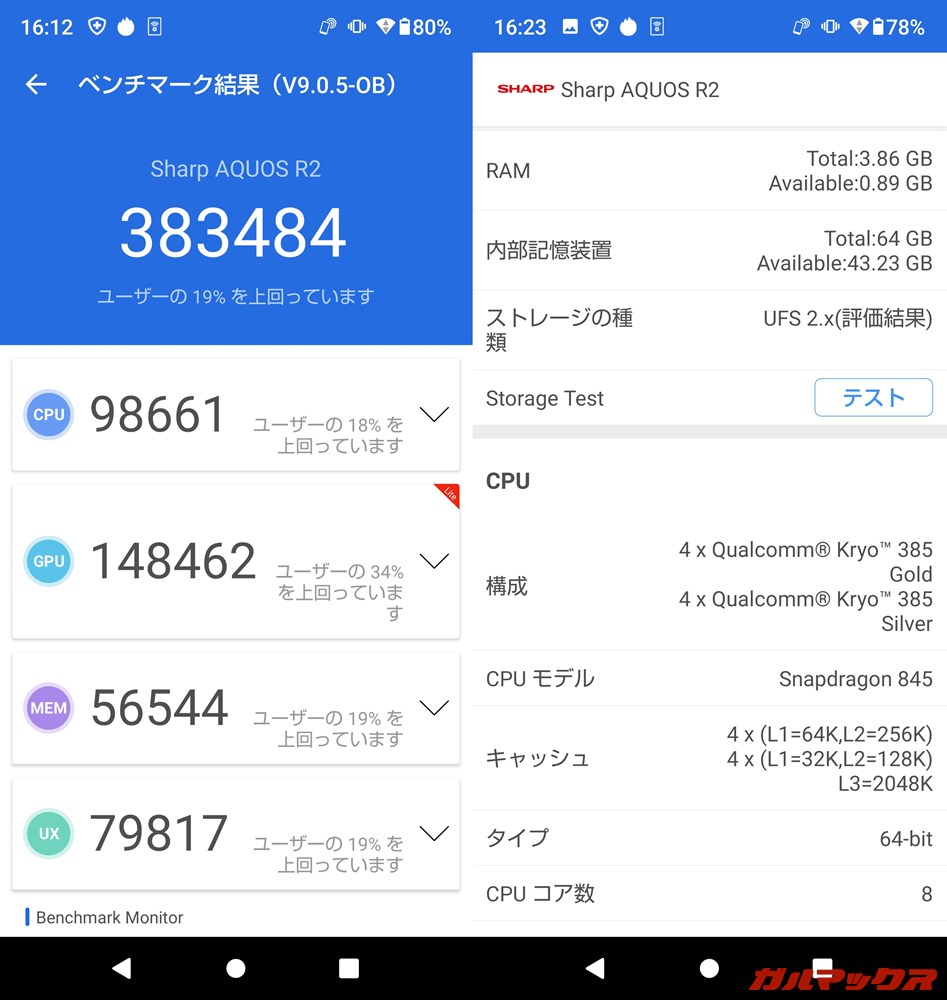 AQUOS R2（Android 10）実機AnTuTuベンチマークスコアは総合が383484点、GPU性能が148462点。