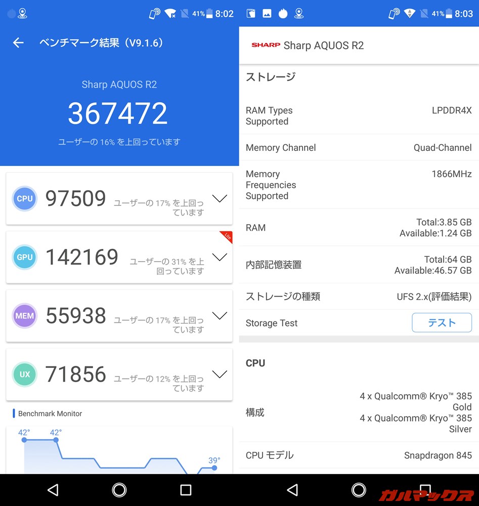 AQUOS R2（Android 8.0.0）実機AnTuTuベンチマークスコアは総合が367472点、GPU性能が142169点。
