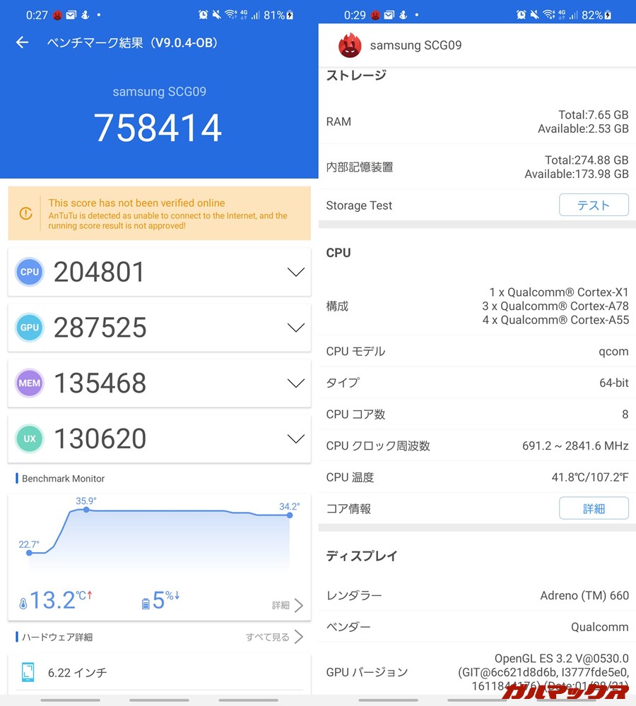 Galaxy S21 5G(Android 11)実機AnTuTuベンチマークスコアは総合が758414点、GPU性能が287525点。