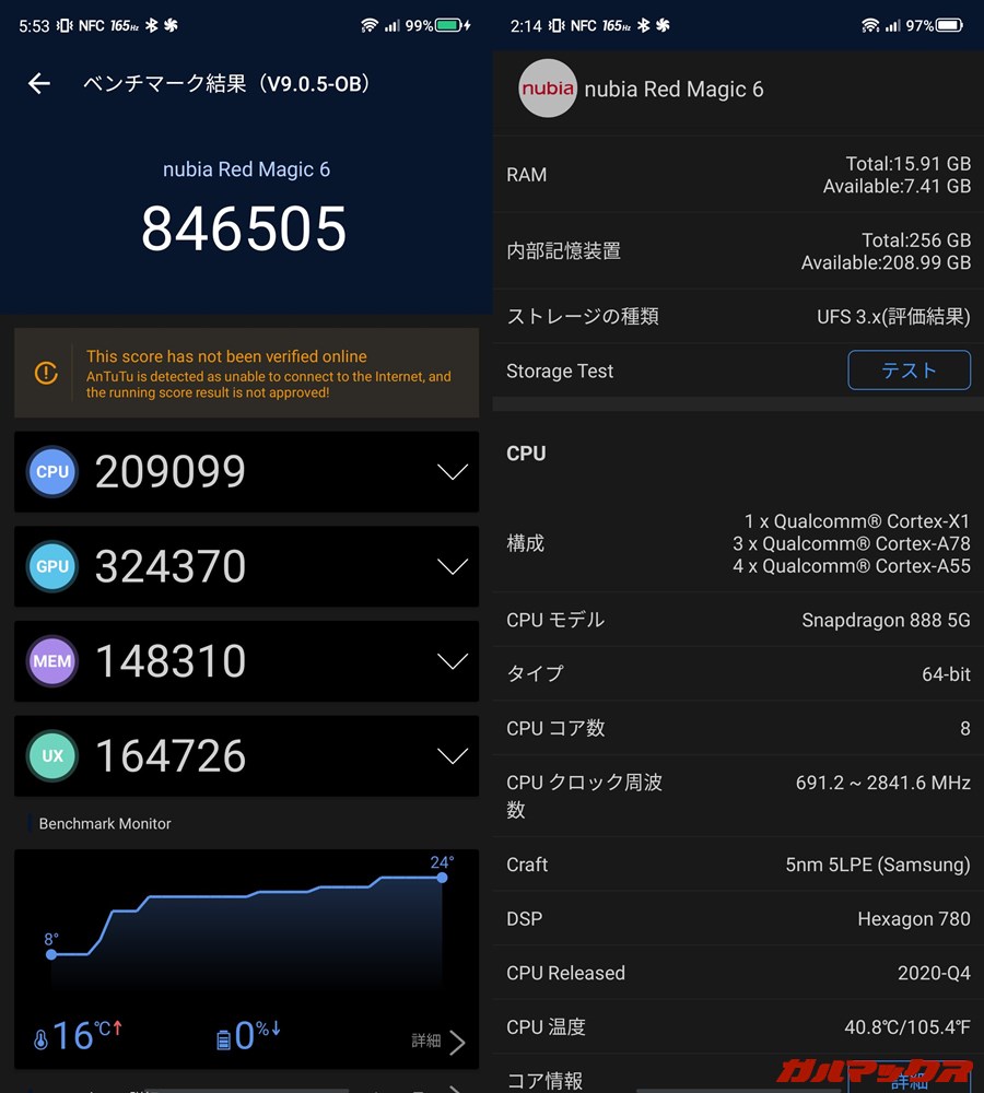 RedMagic 6 Pro/メモリ16GB(Android 11)実機AnTuTuベンチマークスコアは総合が846505点、GPU性能が324370点。