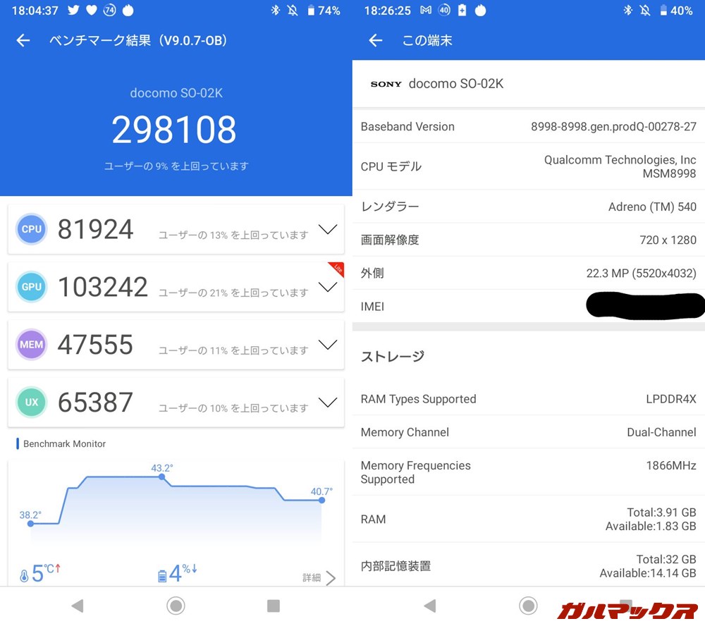 Xperia XZ1 Compact（Android 9）実機AnTuTuベンチマークスコアは総合が298108点、GPU性能が103242点。