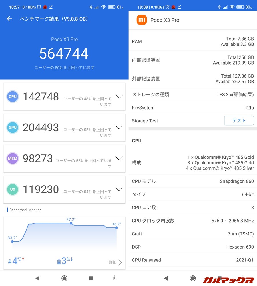 POCO X3 Pro/メモリ8GB（Android 11）実機AnTuTuベンチマークスコアは総合が564744点、GPU性能が204493点。